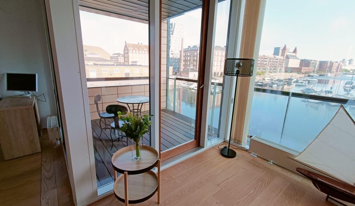 Balcony living room with marina view